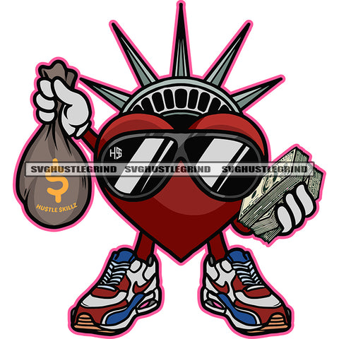 Statue Of Liberty Cartoon Character Wearing Sunglass Vector Heart Holding Cash Money Bundle And Money Bag White Background Crown On Heart Head  SVG JPG PNG Vector Clipart Cricut Cutting Files