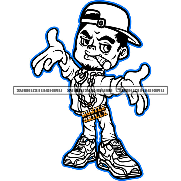 Funny Afro Gangster Man Smoking Weed And Marijuana Black And White BW Wearing Cap Design Element African Gangster Man Standing Wearing Hustle Chain SVG JPG PNG Vector Clipart Cricut Cutting Files
