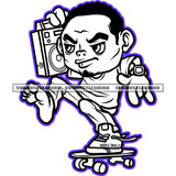African American Man On Skate Boat Black And White BW Color Line Design Element Melanin Man Wearing Sunglass Holding Radio Vector Holding Radio SVG JPG PNG Vector Clipart Cricut Cutting Files