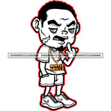 Afro Gangster Scarface Man Standing Black And White BW Vector Afro Hair Style Design Element Middle Finger Hand Sign Wearing T-Shirt And Half Pant SVG JPG PNG Vector Clipart Cricut Cutting Files