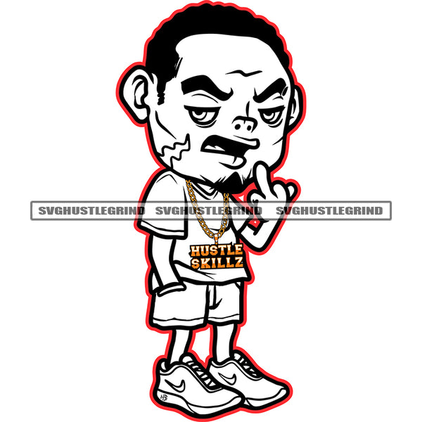 Afro Gangster Scarface Man Standing Black And White BW Vector Afro Hair Style Design Element Middle Finger Hand Sign Wearing T-Shirt And Half Pant SVG JPG PNG Vector Clipart Cricut Cutting Files