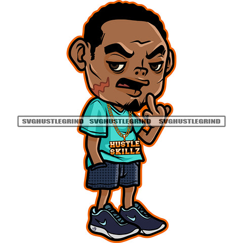 Afro Gangster Scarface Man Standing Vector Afro Hair Style Design Element White Background Middle Finger Hand Sign Wearing T-Shirt And Half Pant SVG JPG PNG Vector Clipart Cricut Cutting Files