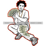 African American Gangster Man Sitting On Floor Black And White BW Design Element Melanin Man Holding Money Locus Hair Style SVG JPG PNG Vector Clipart Cricut Cutting Files