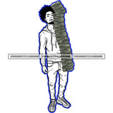 Afro Gangster Man Holding Money Black And White BW Vector To Carry Lot Of Money African Man Standing Locus Hair Style SVG JPG PNG Vector Clipart Cricut Cutting Files