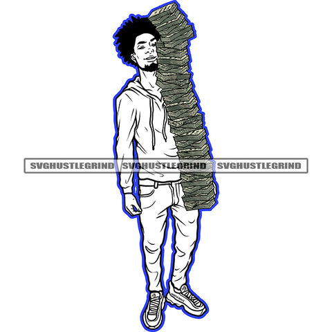 Afro Gangster Man Holding Money Black And White BW Vector To Carry Lot Of Money African Man Standing Locus Hair Style SVG JPG PNG Vector Clipart Cricut Cutting Files