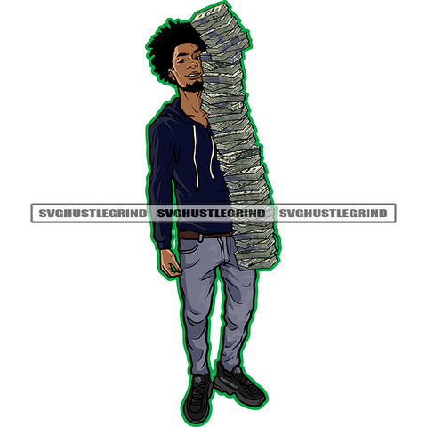 Afro Gangster Man Holding Money Vector To Carry Lot Of Money White Background African Man Standing Locus Hair Style SVG JPG PNG Vector Clipart Cricut Cutting Files