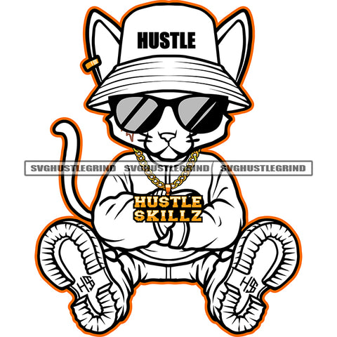 Gangster Scarface Cat Wearing Sunglass And Cap Design Element Black And White BW Cat Sitting On Floor Vector Wearing Hudi SVG JPG PNG Vector Clipart Cricut Cutting Files