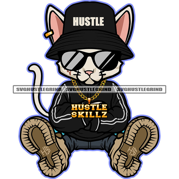 Gangster Scarface Cat Wearing Sunglass And Cap Design Element White Background Cat Sitting On Floor Vector Wearing Hudi SVG JPG PNG Vector Clipart Cricut Cutting Files