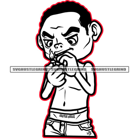 Gangster Afro Yong Man Holding Lighter Black And White BW Red Color Line Afro Short Hair Style Vector Wearing Watch Undress Music Boy Rich Boy SVG JPG PNG Vector Clipart Cricut Cutting Files