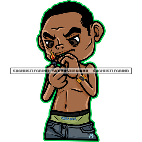 Gangster Afro Yong Man Holding Lighter Afro Short Hair Style Vector White Background Wearing Watch Undress Music Boy Rich Boy SVG JPG PNG Vector Clipart Cricut Cutting Files