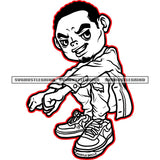 African American Gangster Man Sitting On Floor Black And White BW Red Color Line Smile Face Design Element Melanin Man Floor Locus Short Hair SVG JPG PNG Vector Clipart Cricut Cutting Files