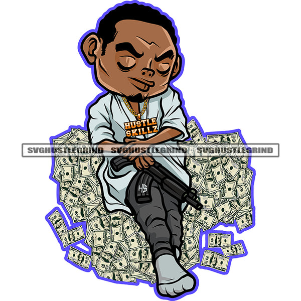 Gangster Afro Man Sitting On Money White Background African Man Holding Gun Close Eyes Curly Short Hair Design Element Smile Face SVG JPG PNG Vector Clipart Cricut Cutting Files