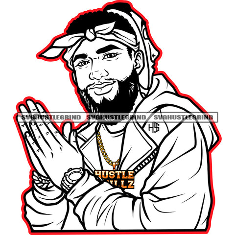 Gangster Man Head Design Element Black And White Red Color Line Body Holding Hand Curly Short Hair Wearing Ring And Watch Hustle Hustler SVG JPG PNG Vector Clipart Cricut Cutting Files