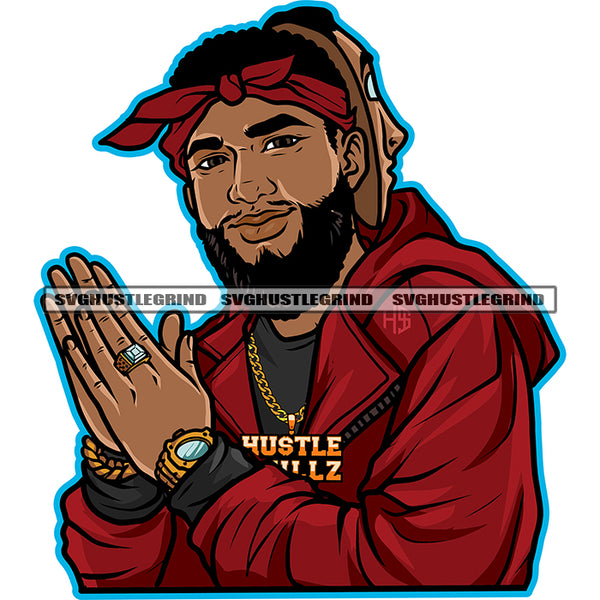 Gangster Man Head Design Element Color Body Holding Hand Curly Short Hair Wearing Ring And Watch White Background Hustle Hustler SVG JPG PNG Vector Clipart Cricut Cutting Files