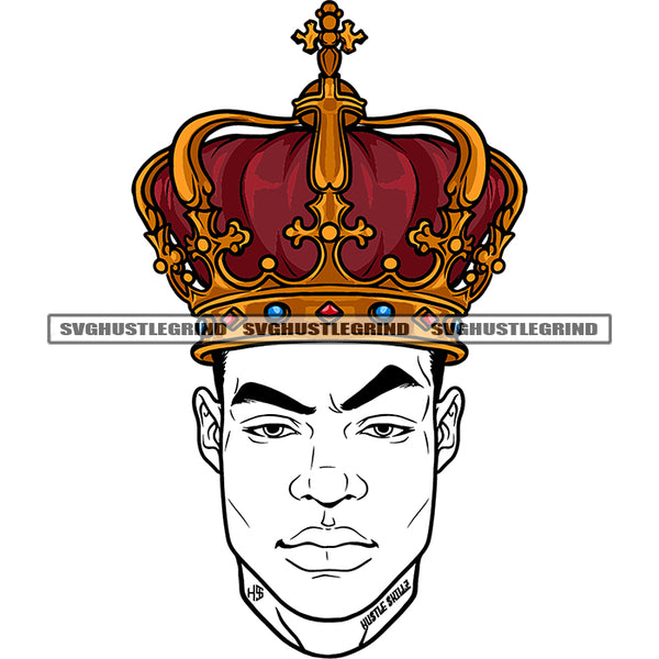 Nubian Young King Head Black And White BW Design Element Color Crown On Head White Background Expensive Crown Cross Angry Face SVG JPG PNG Vector Clipart Cricut Cutting Files