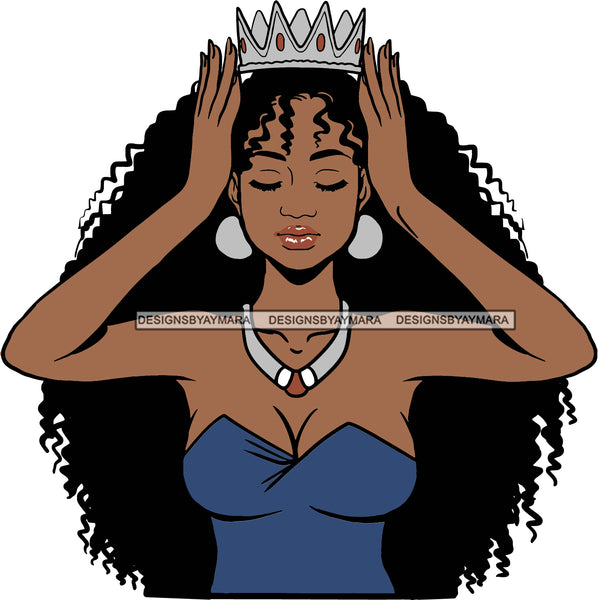 Black Queen Holding Her Silver Crown In Blue Gown SVG JPG PNG Vector Clipart Cricut Silhouette Cut Cutting