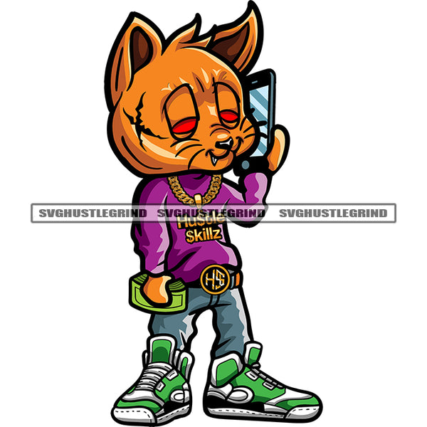 Gangster Scarface Cat Holding Phone And Money Color Design Element White Background Vector Cat Standing SVG JPG PNG Vector Clipart Cricut Cutting Files