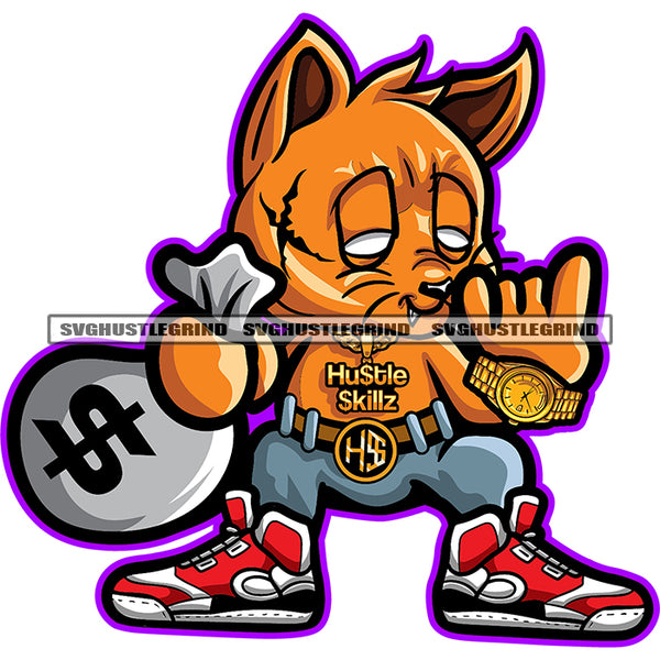 Gangster Scarface Cat Holding Money Bag Design Element White Background Cat Color Body Wearing Watch Cat Standing SVG JPG PNG Vector Clipart Cricut Cutting Files