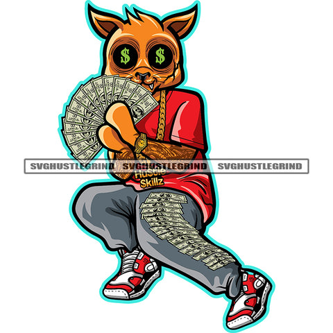 Gangster Cat Holding Cash Money White Background Cat Sitting Lot Of Money On Cat Character Leg Design Element Dollar Sign Eye SVG JPG PNG Vector Clipart Cricut Cutting Files