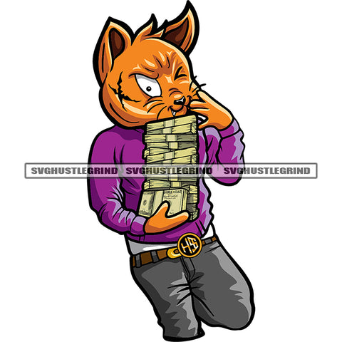 Sacrificed Hustled Paid The Price Quote Gangster Scarface Cat Holding Money Bundle Design Element Cat Carry Lot Of Money Color Cat Body White Background SVG JPG PNG Vector Clipart Cricut Cutting Files
