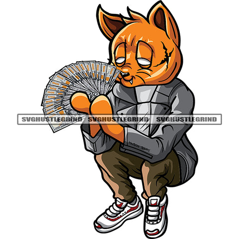 Gangster Scarface Cat Sitting Design Element Cat Holding Cash Money White Background Color Cat Body Close Eye SVG JPG PNG Vector Clipart Cricut Cutting Files