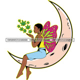 Afro Black Woman Wings Fairy Angel Fantasy Blowing Marijuana Leaves Half Moon Short Hairstyle White Background Design Element SVG JPG PNG Vector Clipart Cricut Cutting Files