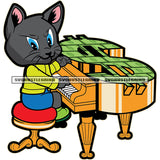 Cartoon Character Cat Playing Piano Vector Dollar Sign Piano White Background Cat Sitting On Chair Design Element SVG JPG PNG Vector Clipart Cricut Cutting Files