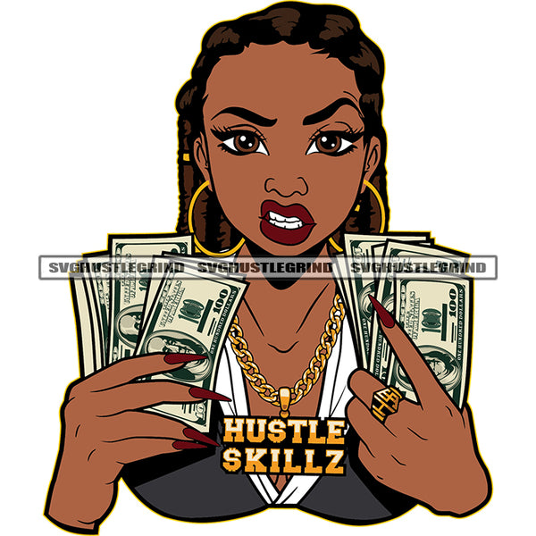Afro Black Woman Holding Money Angry Face Design Element Locus Hair Style Long Nail White Background SVG JPG PNG Vector Clipart Cricut Cutting Files