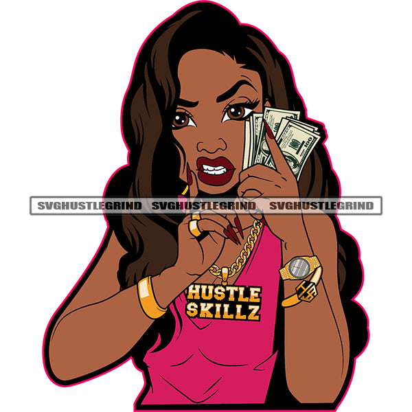 Afro Black Woman Long Nail And Curly Hair Style Design Element Melanin Woman Holding Cash Money Bank Note White Background SVG JPG PNG Vector Clipart Cricut Cutting Files