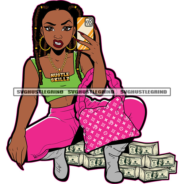 Black Afro Woman Sitting Position And Holding Phone Lot Of Money On Floor Design Element White Background Vector Woman Angry Face SVG JPG PNG Vector Clipart Cricut Cutting Files