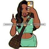Afro Woman Holding Phone Take Selfie Vector Middle Finger Hand Sign Design Element White Background SVG JPG PNG Vector Clipart Cricut Cutting Files