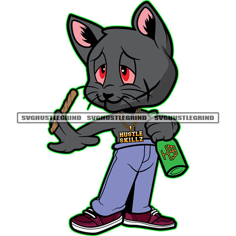 Gangster Scarface Cat Holding Drink Bottle Vector Red Eye Cat Holding Boom White Background Vector SVG JPG PNG Vector Clipart Cricut Cutting Files
