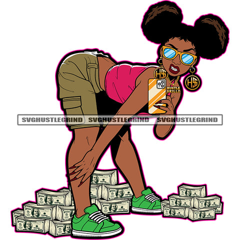 Afro Black Girl Holding Phone Angry Face Vector Afro Big Hair Style Design Element Lot Of Money Bundle On Floor SVG JPG PNG Vector Clipart Cricut Cutting Files