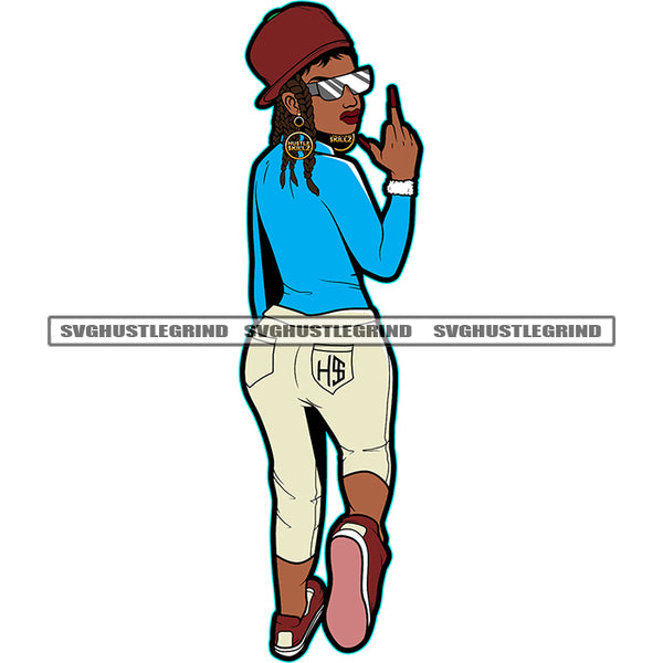Gangster Melanin Woman Showing Middle Finger Wearing Cap And Sunglass Vector White Background Locus Hair Style