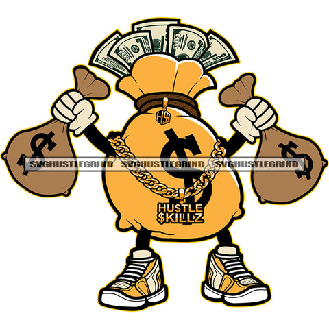 Cartoon Money Bag Character Holding Money Bag Vector Design Element White Background Bag Full Cash Bank Note SVG JPG PNG Vector Clipart Cricut Cutting Files