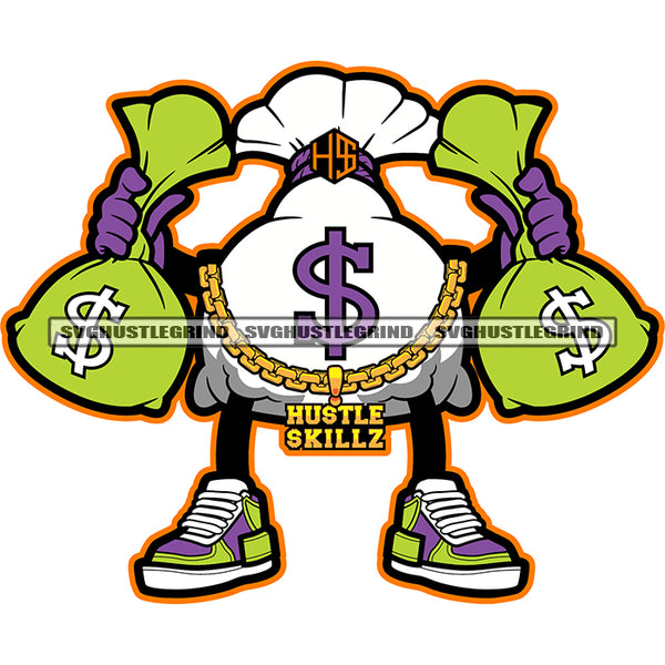 Money Bag Character Holding Money Bag Design Element Bag Standing And Wearing Hustle Chain White Background  SVG JPG PNG Vector Clipart Cricut Cutting Files