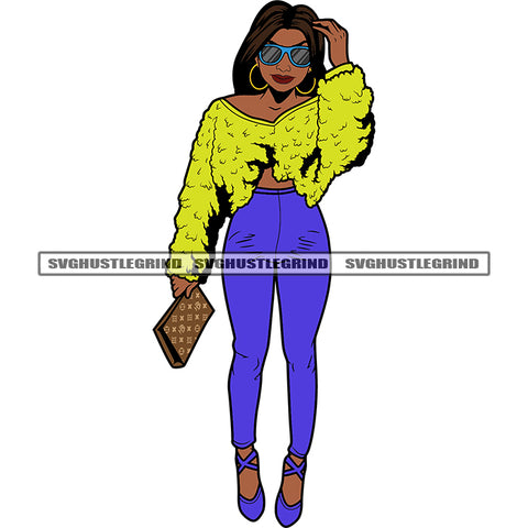 Gorgeous Melanin Girl Wearing Yellow Dress Sweater Sunglasses Puffy Afro Hairstyle Design Element Holding Bag Afro Girl Standing SVG JPG PNG Vector Clipart Cricut Cutting Files