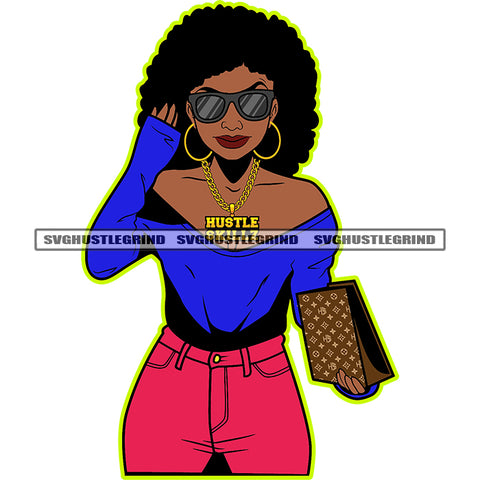 Beautiful Afro Woman Wearing Sunglasses Vector Melanin Woman Holding Bag Design Element Big Afro Hair Style White Background SVG JPG PNG Vector Clipart Cricut Cutting Files