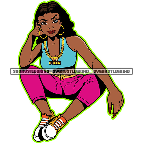 Lola Savage Life Afro Black Beautiful Woman Sitting Vector Curly Hair Style Vector White Background Melanin Woman Smile Face Good Looking SVG JPG PNG Vector Clipart Cricut Cutting Files