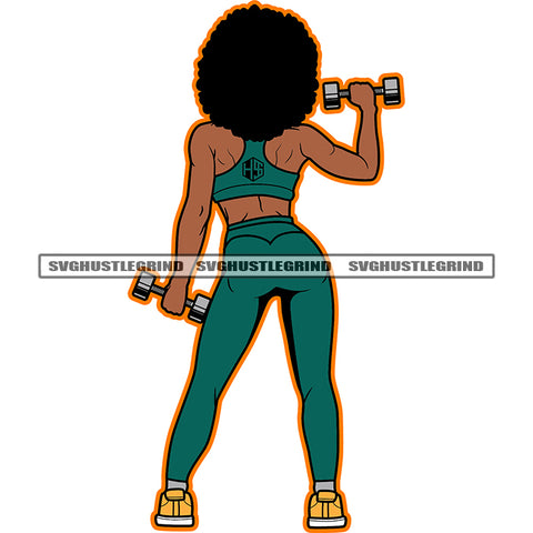 Fitness Afro Woman Holding Dumbbell Back Side Design Element Afro Woman Standing Big Afro Hair Style White Background Gym Bodybuilder SVG JPG PNG Vector Clipart Cricut Cutting Files