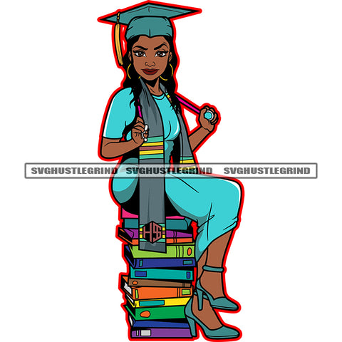 Afro Educated Woman Sitting On Book Vector White Background Melanin Woman Holding Scarf Design Element  SVG JPG PNG Vector Clipart Cricut Cutting Files