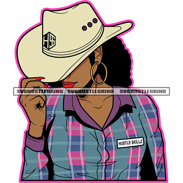 Afro Woman Cowgirl Wearing Hat Cowboy Western Ranch Nubian Melanin Black Girl Afro Hair Style Holding Cap Long Nail Design Element SVG JPG PNG Vector Clipart Cricut Cutting Files
