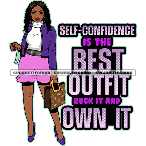 Self-Confidence Is The Best Outfit Rock It And Own It Quote Beautiful Afro woman Standing Design Element Holding Bag Vector Curly Long Hair White Background SVG JPG PNG Vector Clipart Cricut Cutting Files