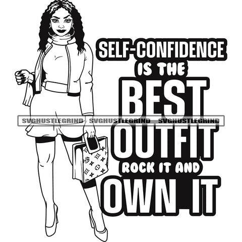 Self Confidence Is The Best Outfit Rock It And Own It Quote Black And White Afro Woman Standing Curly Hair Long Design Element Model Actros's Beautiful Girl  SVG JPG PNG Vector Clipart Cricut Cutting Files