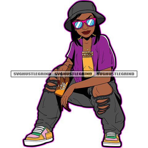 Afro Black Woman Wearing Sunglass And Hat African Hip Hop Girl Sitting Design Element White Background Wearing Jeans And Shirt Melanin Woman SVG JPG PNG Vector Clipart Cricut Cutting Files