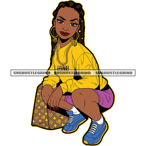 Black Beautiful Afro Woman Sitting Curly Hair Design Element Melanin Woman Holding Bag White Background SVG JPG PNG Vector Clipart Cricut Cutting Files