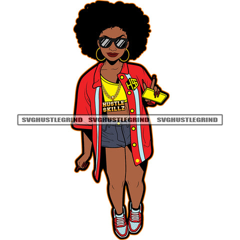 Black Beauty Afro Woman Wearing Sunglass And Holding Phone White Background Afro Hair Style Design Element SVG JPG PNG Vector Clipart Cricut Cutting Files