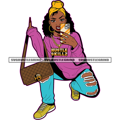Beautiful Afro Woman Sitting Design Element Holding Phone And Bag White Background Melanin Girl Middle Finger Hand Sign Curly Hair Style SVG JPG PNG Vector Clipart Cricut Cutting Files