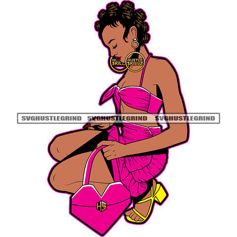 Afro Woman Sitting Design Element Holding Heart Design Bag Curly Hair Style White Background Wearing Boom Ear Ring Close Eye SVG JPG PNG Vector Clipart Cricut Cutting Files