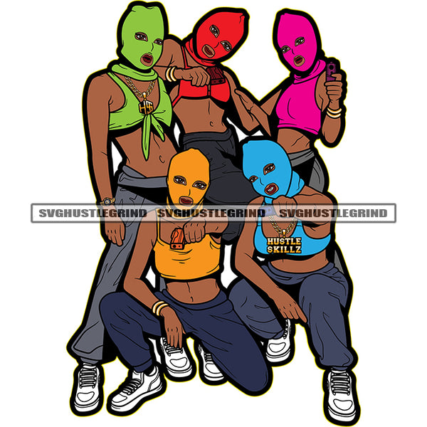 Gangster Girls Wearing Ski Mask Best Buddies Friends Squad Melanin Sisters White Background Wearing Bikini And Jeans Design Element SVG JPG PNG Vector Clipart Cricut Cutting Files